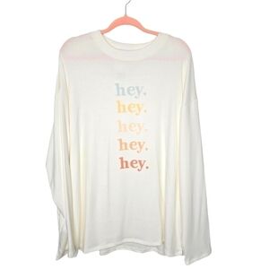 BACON LETTUCE TOMATO CREW TUNIC TOP, IVORY W/COLORFUL LETTERS, SIZE LARGE, NWT